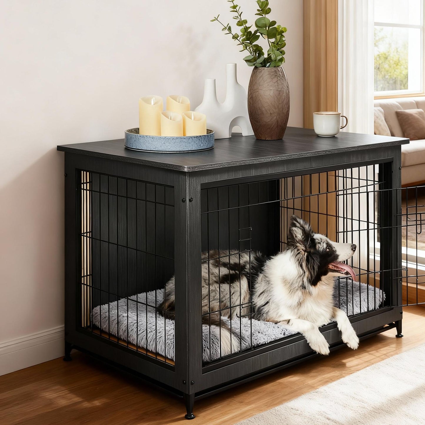 Dog Crate Furniture 38.6" Side End Table, Indoor Dog Kennel for Medium Dogs up to 70 lb, Double-Door Cage with Removable Tray, Ink Black