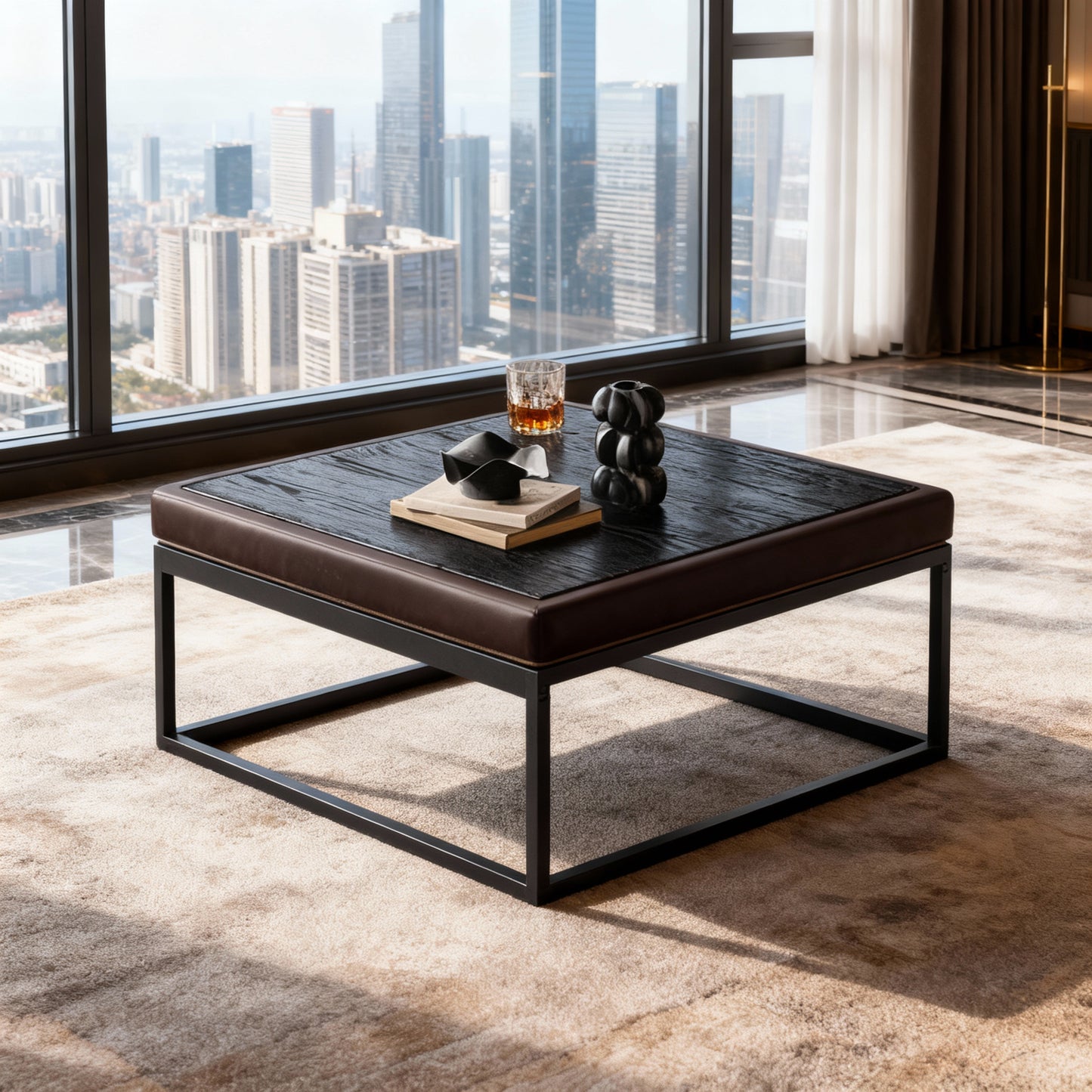 Reversible-Top Ottoman with Steel Frame and Adjustable Feet, Supports 660 lb, Multifunctional Square Coffee Table or Footstoo, Walnut Brown