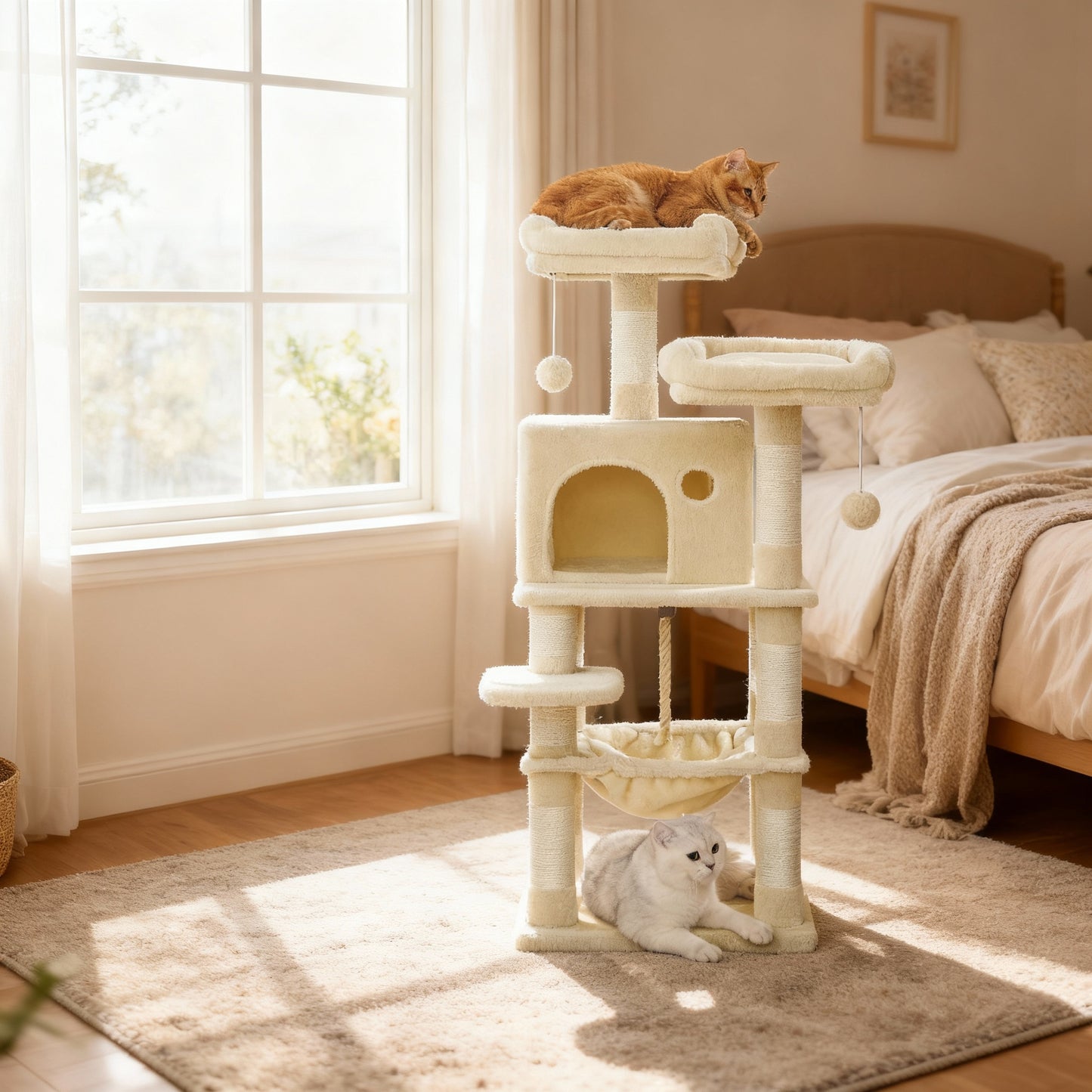 44-Inch Cat Tree Tower for Indoor Cats, Multi-Level Condo with 11 Scratching Posts, Cave, Hammock, Perches, Beige