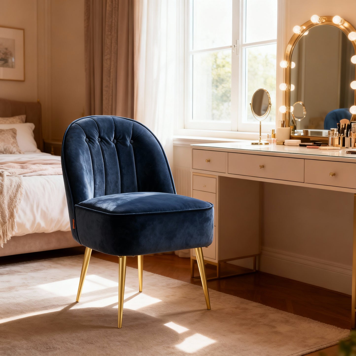 Velvet Accent Chair with Shell Back, Wide Seat, Metal Legs, Comfy Vanity Chair for Living Room, Bedroom, Office, Charcoal Blue