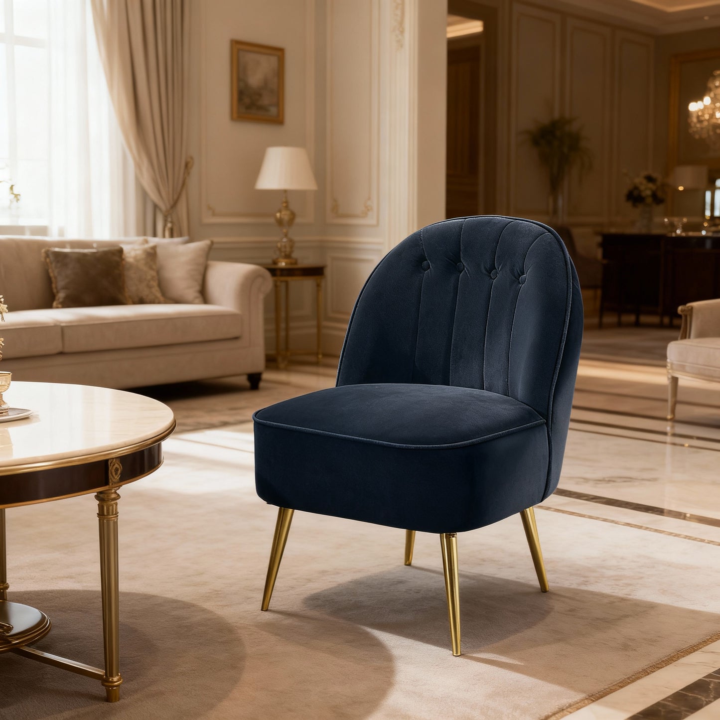 Velvet Accent Chair with Shell Back, Wide Seat, Metal Legs, Comfy Vanity Chair for Living Room, Bedroom, Office, Charcoal Blue