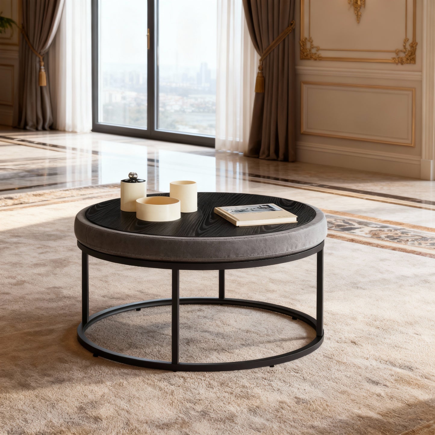 Round Ottoman Coffee Table with Reversible Top, Padded Seat, Footstool & Side Table, Steel Frame, Max 660 lb, Dove Gray