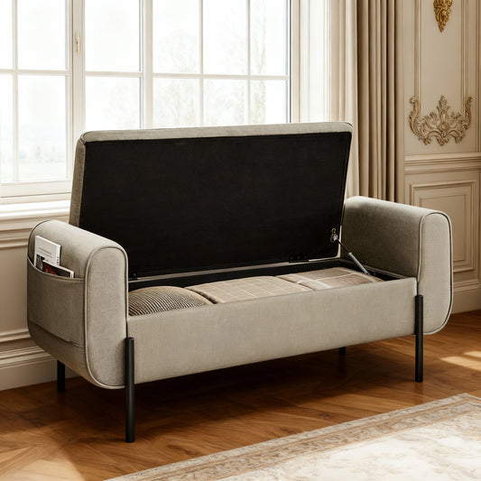 Storage Ottoman Bench with Armrests, Upholstered Entryway and Bedroom Storage Seat, 20-Gallon Hidden Compartment, Steel Legs, Camel Brown