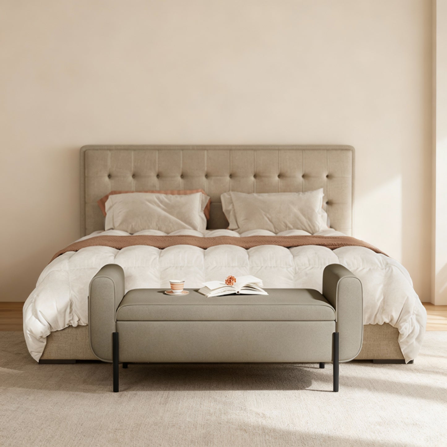 Storage Ottoman Bench with Armrests, Upholstered Entryway and Bedroom Storage Seat, 20-Gallon Hidden Compartment, Steel Legs, Camel Brown