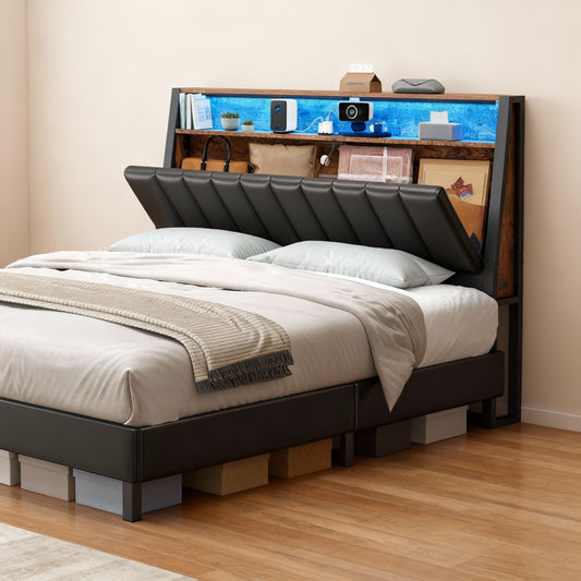 Queen Size LED Bed Frame with Storage Headboard and Built-In Charging Station, 2 AC Outlets, USB & Type-C Ports, Under-Bed Storage, Ink Black and Rustic Brown