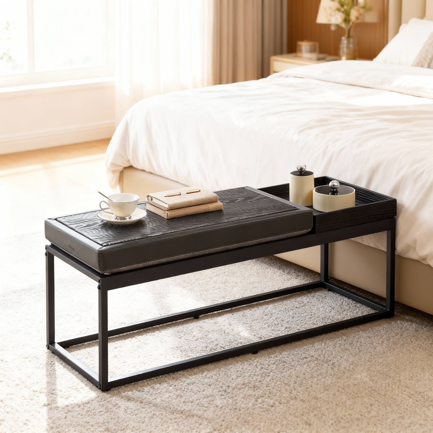 Reversible Ottoman Bench with Tray, End of Bed Seat, Shoe Storage, Steel Frame, Multi-Use Coffee Table & Footrest for Bedroom, Living Room, Dove Gray