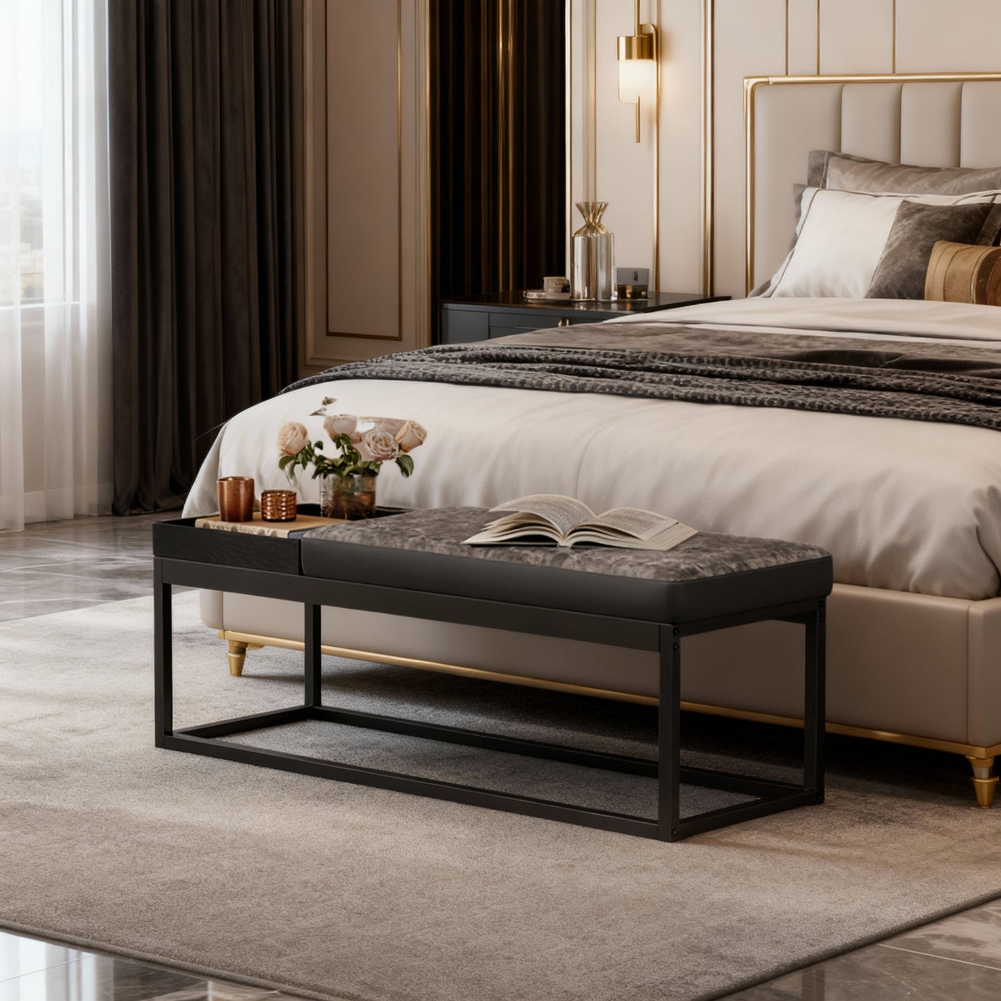 Reversible Ottoman Bench with Tray, End of Bed Seat, Shoe Storage, Steel Frame, Multi-Use Coffee Table & Footrest for Bedroom, Living Room, Dove Gray