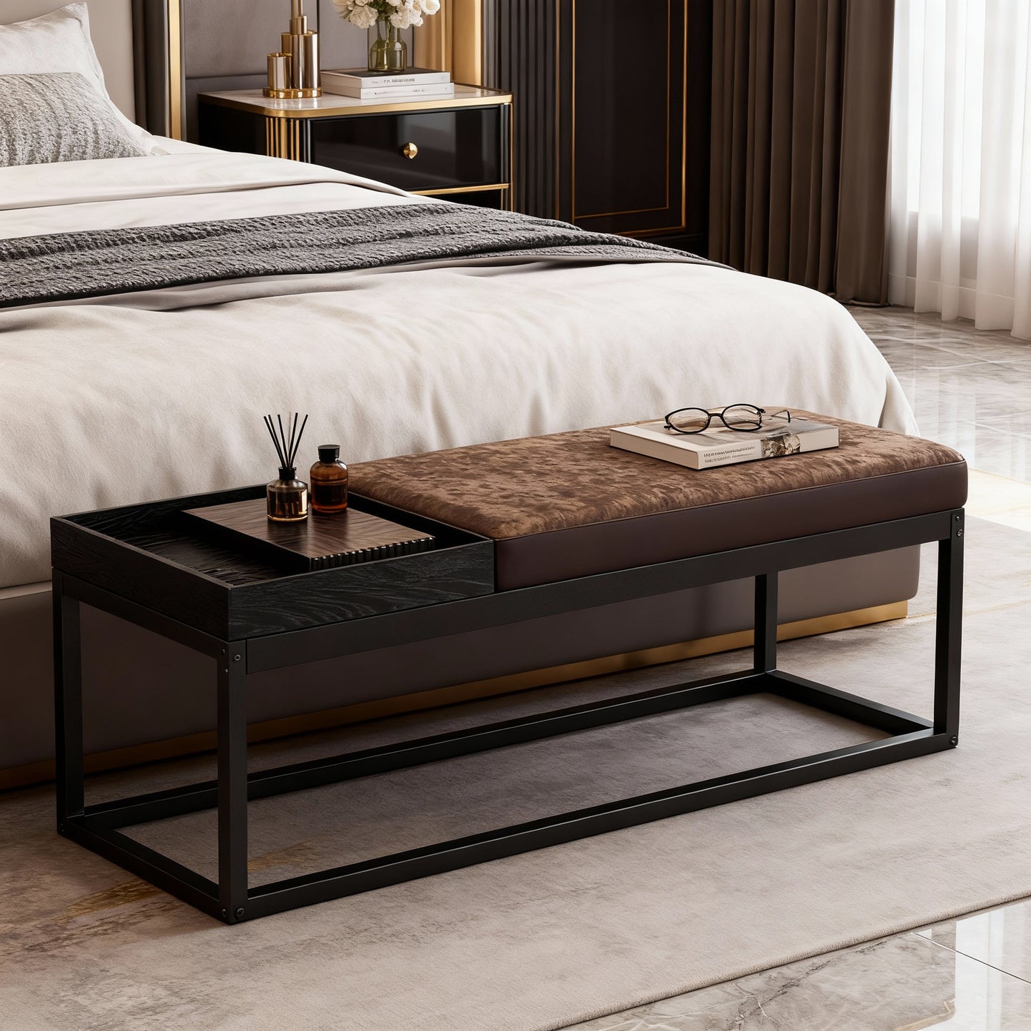 Reversible Ottoman Bench with Tray, End of Bed Seat, Shoe Storage, Steel Frame, Multi-Use Coffee Table & Footrest for Bedroom, Living Room, Walnut Brown