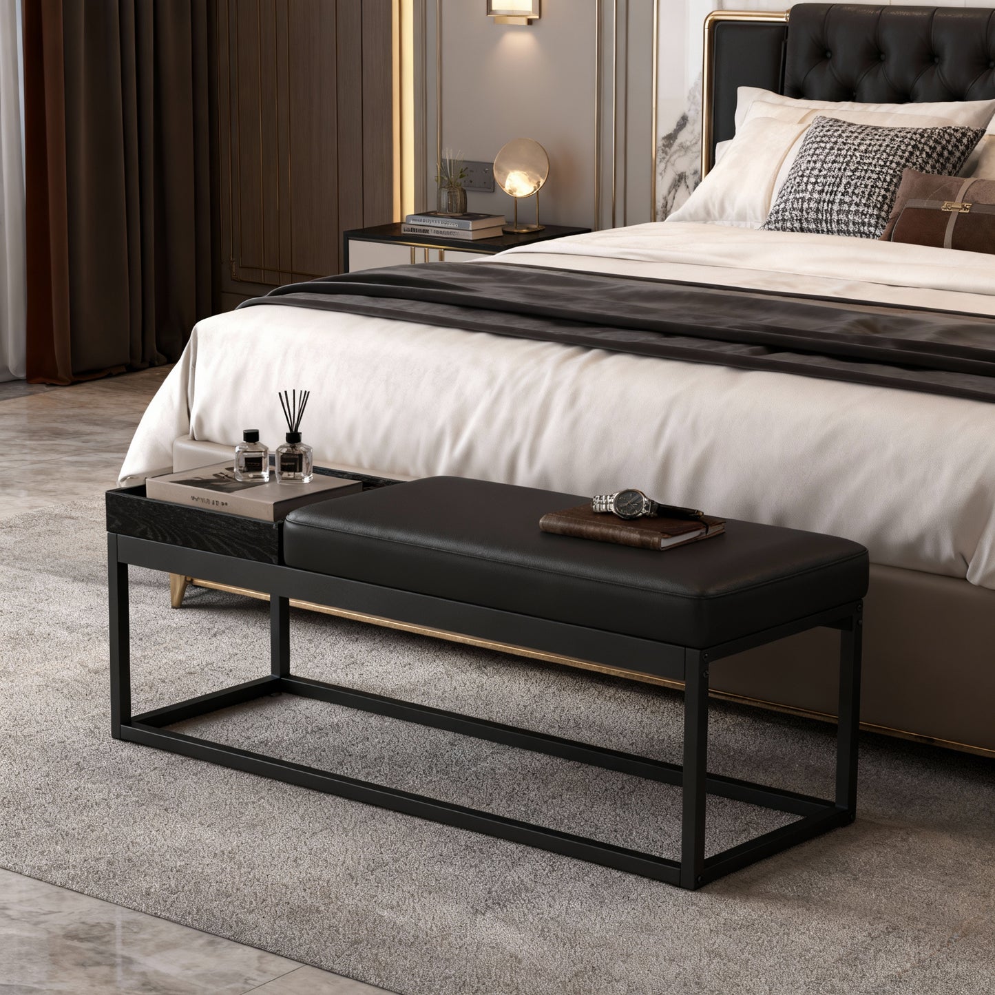 Reversible Ottoman Bench with Tray, End of Bed Seat, Shoe Storage, Steel Frame, Multi-Use Coffee Table & Footrest for Bedroom, Living Room, Ink Black