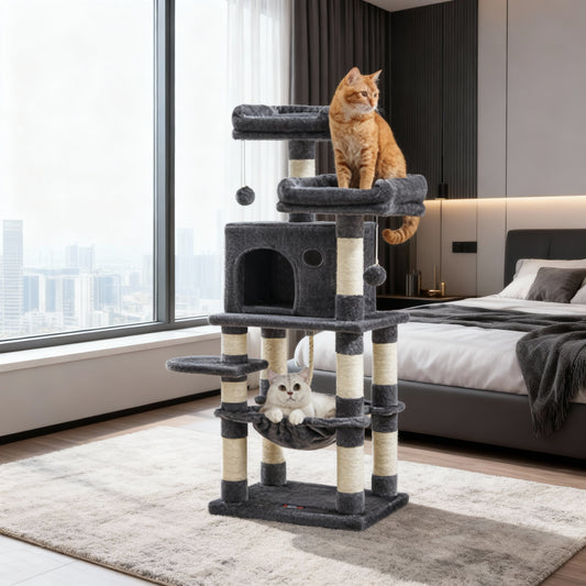 Multi-Level Cat Tower with 11 Scratching Posts, 2 Perches, Cave & Hammock, 44.1-Inch Height, Stable Steel Frame, Smoky Gray