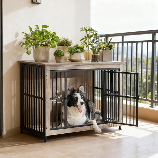 Modern Double-Door Dog Crate Furniture for Medium Dogs up to 70 lb, Enclosed Base & Reinforced Steel Frame, 38.6-Inch Side Table Design, Greige