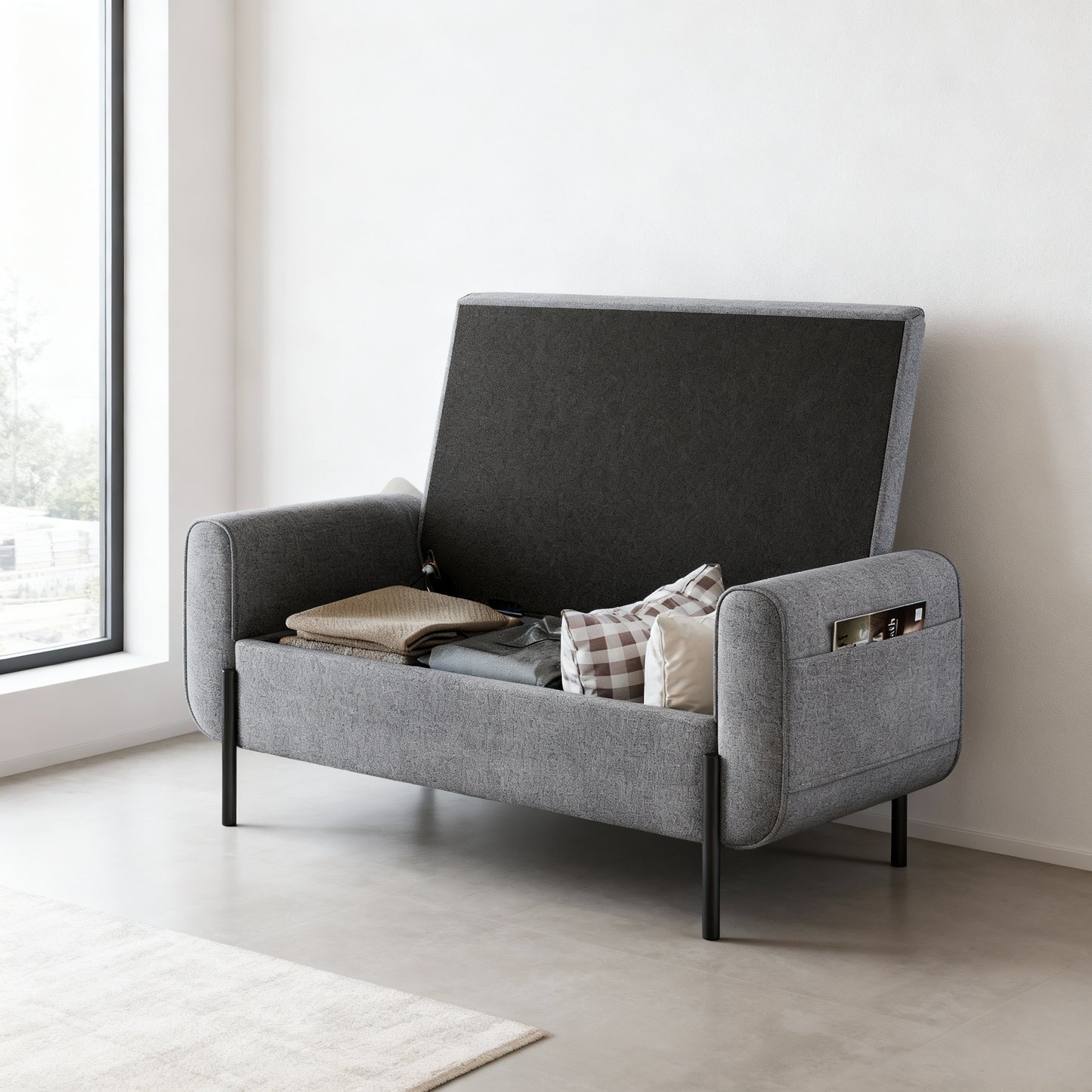 Armrest Storage Bench with Steel Legs and Gas-Lift Seat, 20-Gallon Capacity, Supports 660 lb, Light Gray