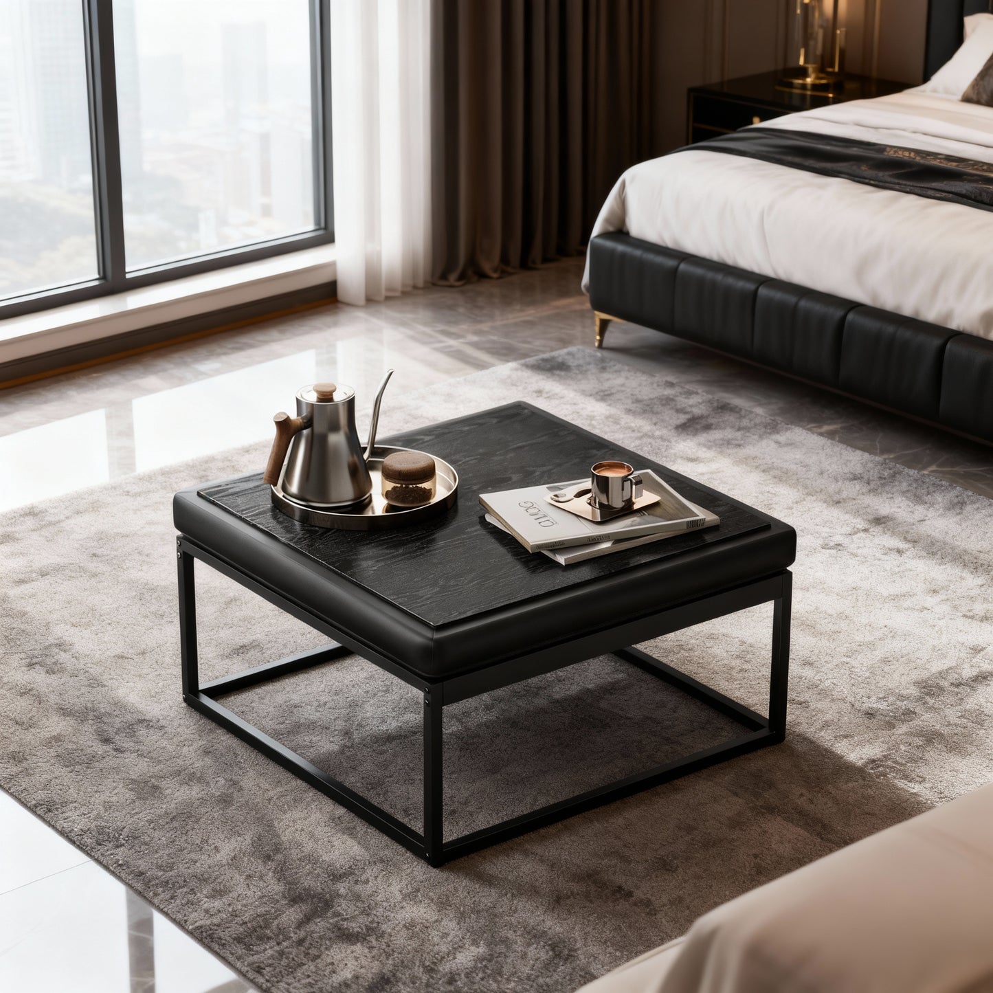 Reversible-Top Ottoman with Steel Frame and Adjustable Feet, Supports 660 lb, Multifunctional Square Coffee Table or Footstoo, Ink Black