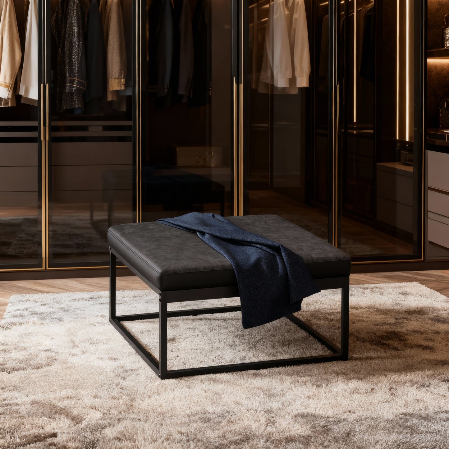 Reversible-Top Ottoman with Steel Frame and Adjustable Feet, Supports 660 lb, Multifunctional Square Coffee Table or Footstoo, Ink Black