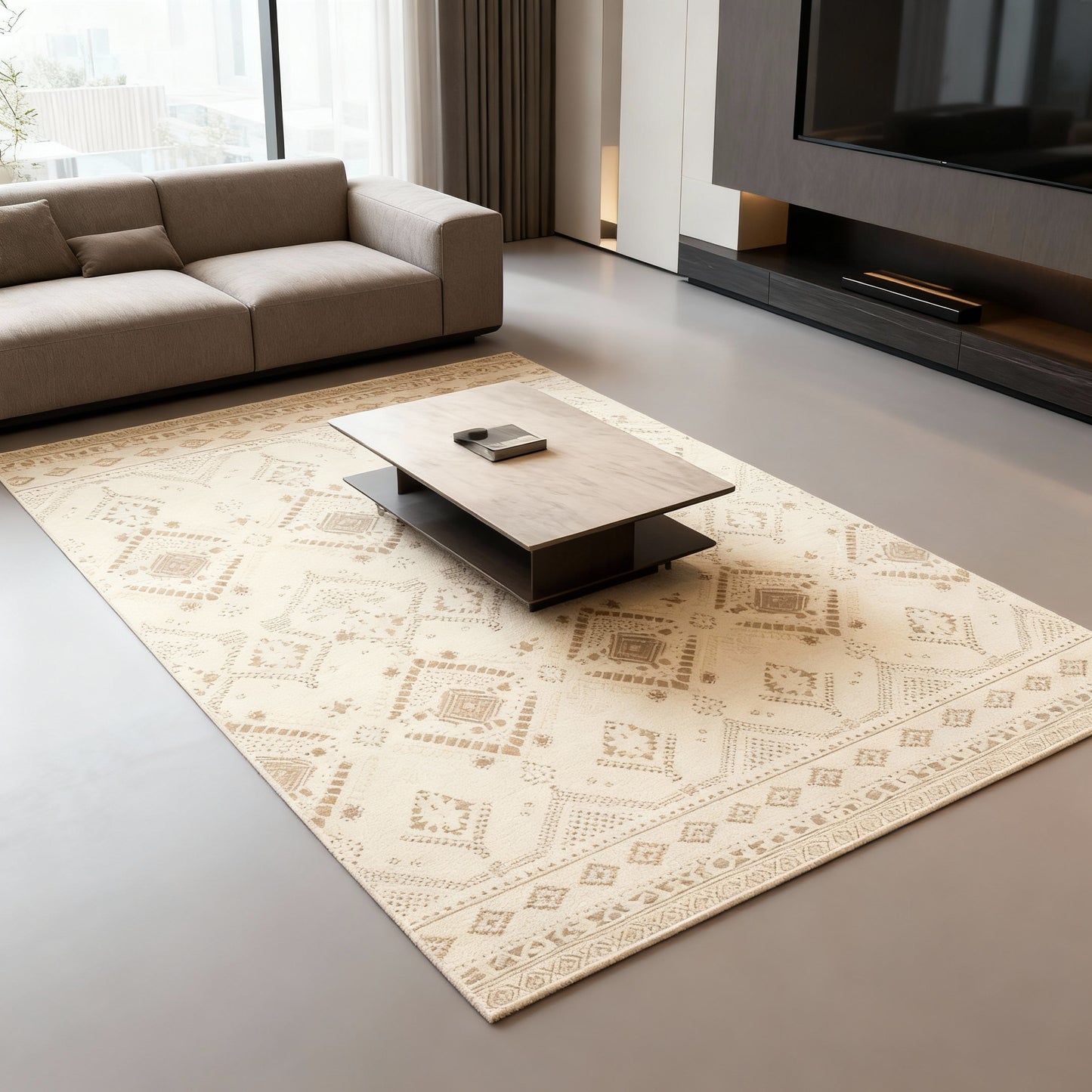 6x9 ft Boho Area Rug with Non-Slip TPR Backing, Machine Washable Polyester Fabric, for Living Room and Bedroom, Sand Beige