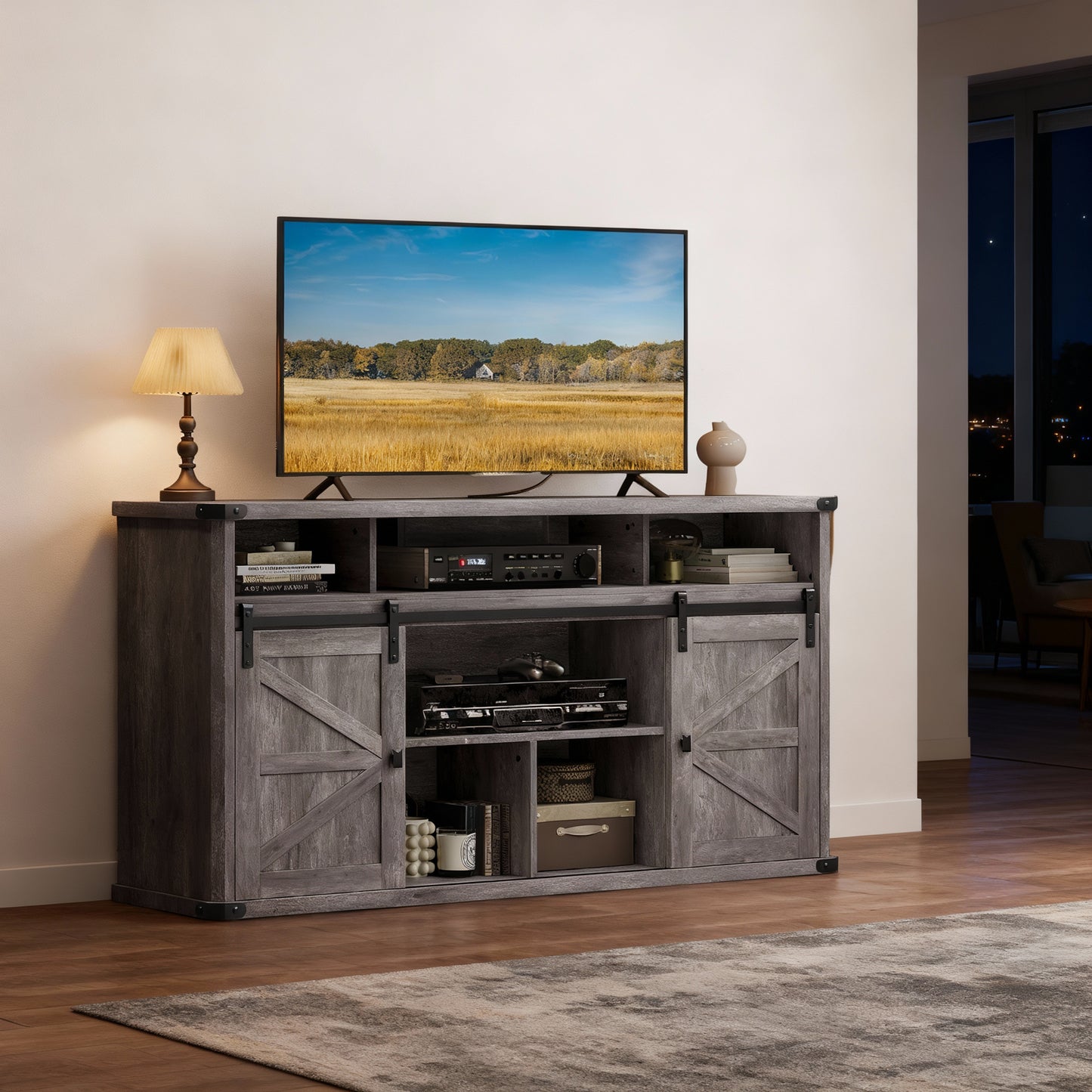 65-Inch TV Stand with Sliding Barn Doors, Farmhouse Entertainment Console with Built-In Charging Station and Adjustable Shelves, Misty Gray
