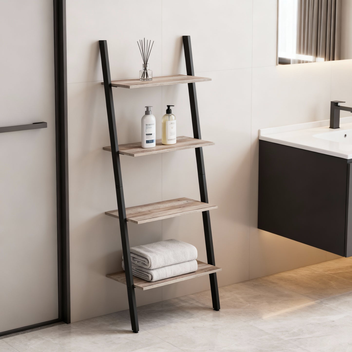 4-Tier Industrial Ladder Shelf with Wall-Mount Design, Steel Frame and Sloping Storage Levels, Greige and Black