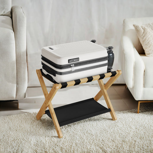 Folding Luggage Rack with Storage Shelf, Heavy-Duty Bamboo Frame & Nylon Straps, Holds 131 lb for Suitcases, Shoes, Guest Room,Hotel Use, Natural Beige