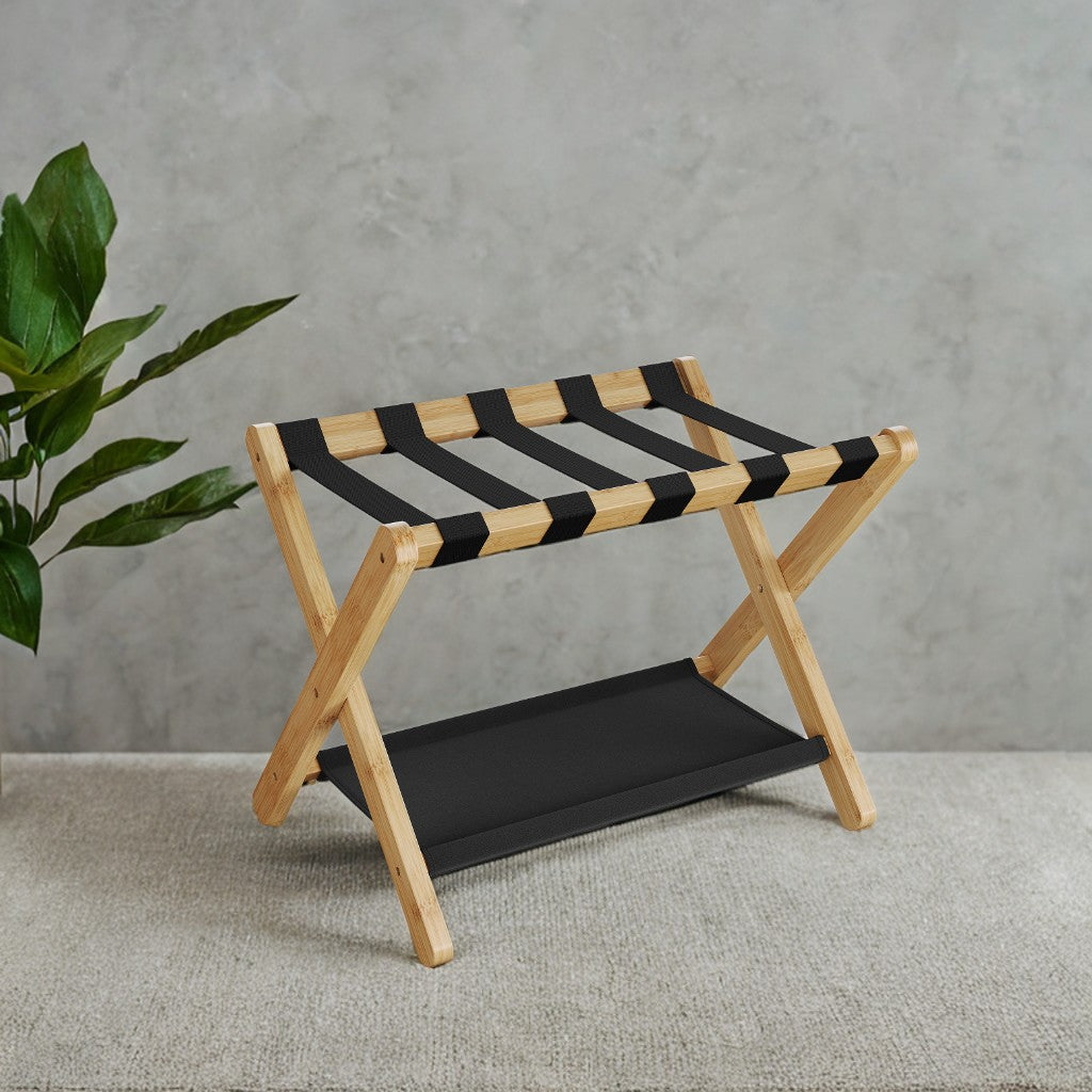 Folding Luggage Rack with Storage Shelf, Heavy-Duty Bamboo Frame & Nylon Straps, Holds 131 lb for Suitcases, Shoes, Guest Room,Hotel Use, Natural Beige