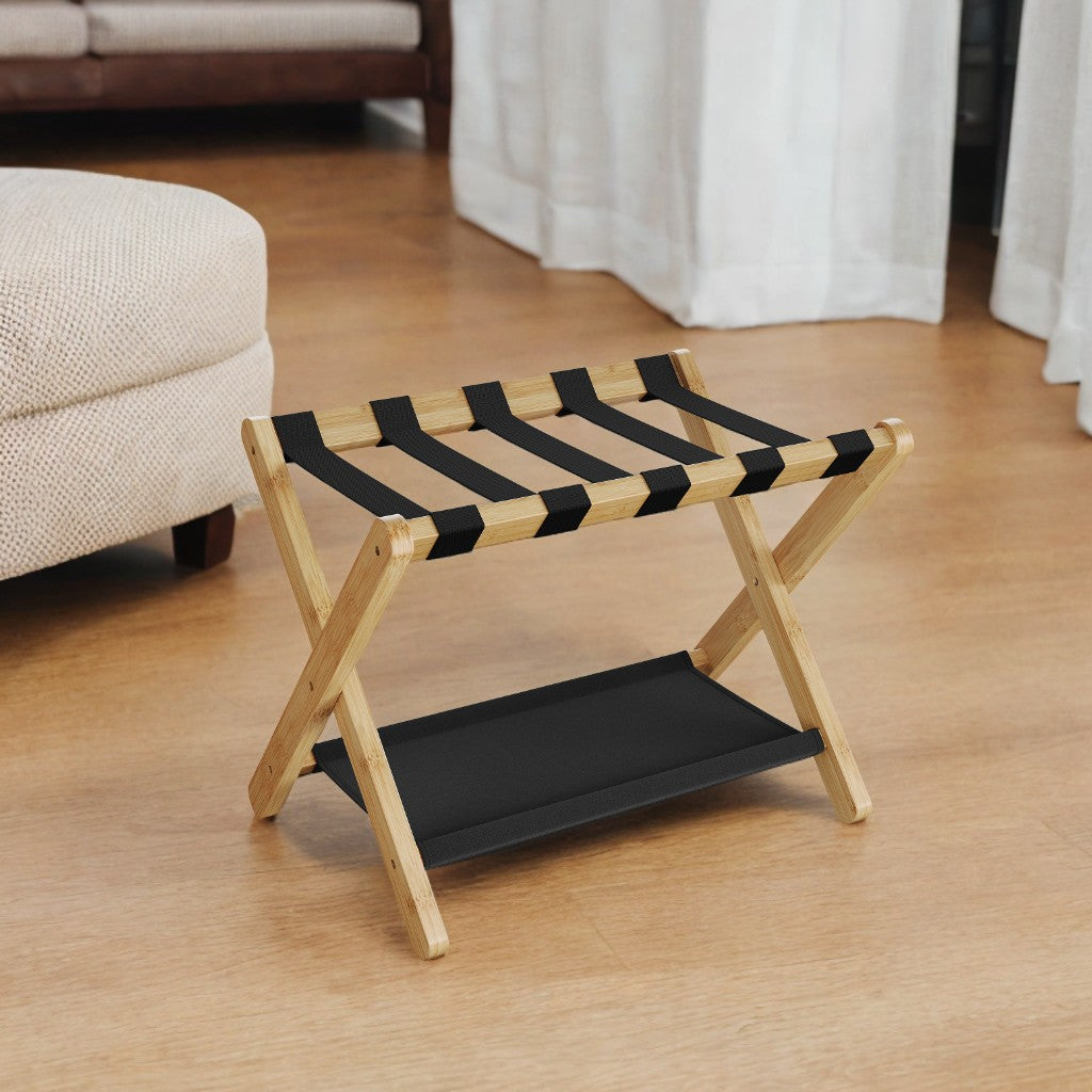 Folding Luggage Rack with Storage Shelf, Heavy-Duty Bamboo Frame & Nylon Straps, Holds 131 lb for Suitcases, Shoes, Guest Room,Hotel Use, Natural Beige
