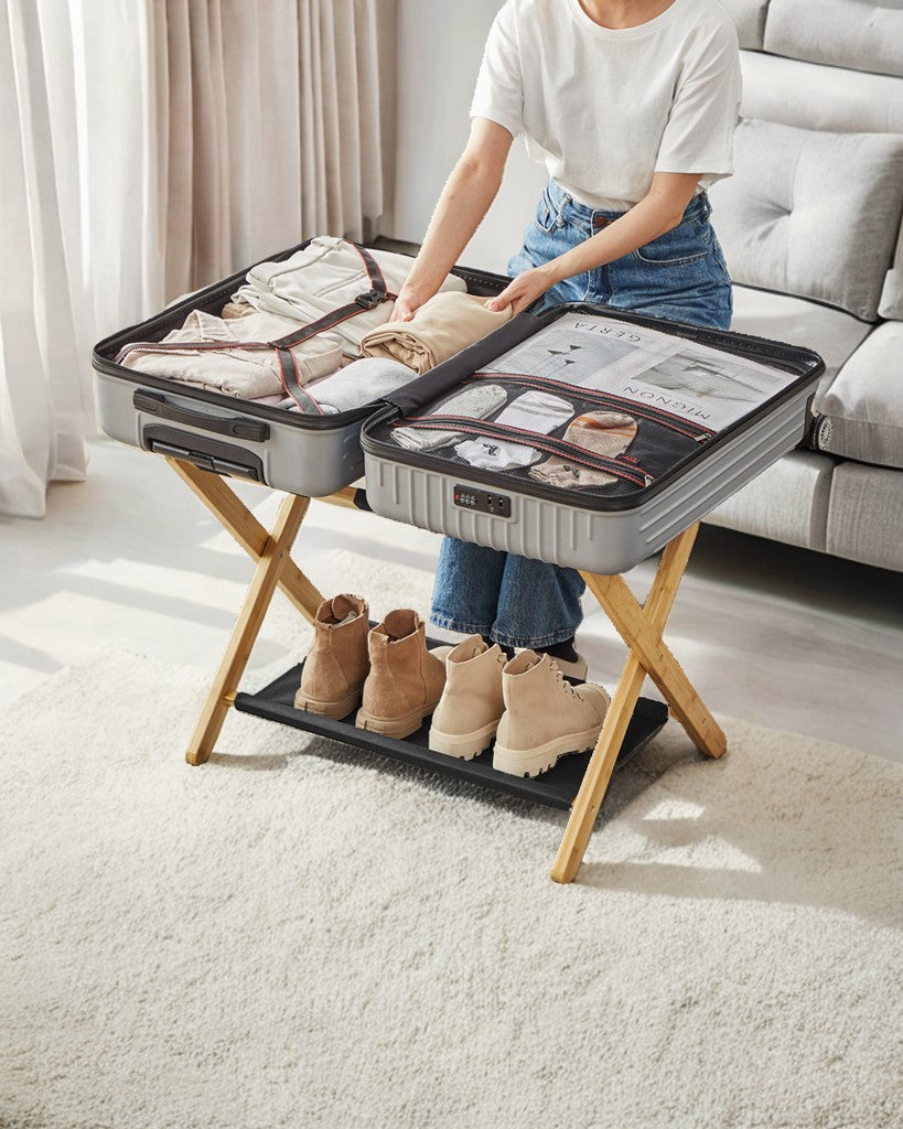 Folding Luggage Rack with Storage Shelf, Heavy-Duty Bamboo Frame & Nylon Straps, Holds 131 lb for Suitcases, Shoes, Guest Room,Hotel Use, Natural Beige