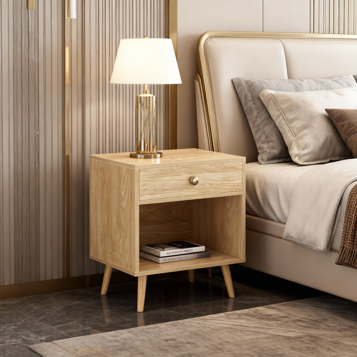 LEDREM Nightstand with Drawer and Open Compartment, Particleboard and Solid Wood Legs