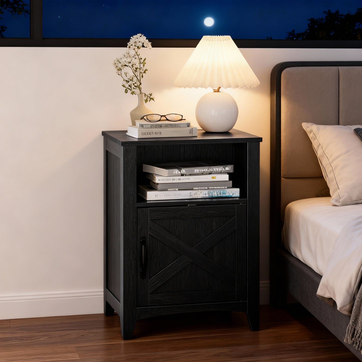 Farmhouse Nightstand with Sliding Barn Door, Bedside Table with Cabinet and Open Shelf, Freestanding Side End Table for Bedroom or Living Room, Charcoal Gray