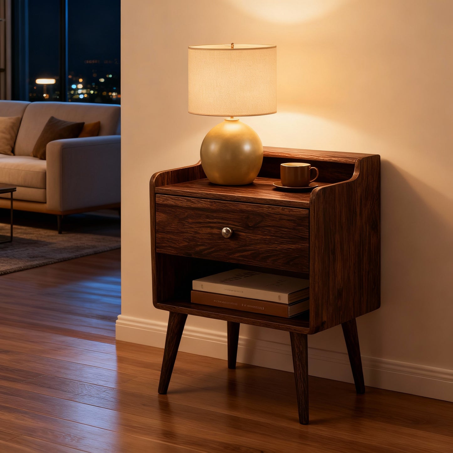 Set of 2 Mid-Century Nightstands with Hidden Drawer, Bedside Tables with Open Shelf and Large Drawer, Solid Wood Legs, Bedroom End Tables, Natural Walnut
