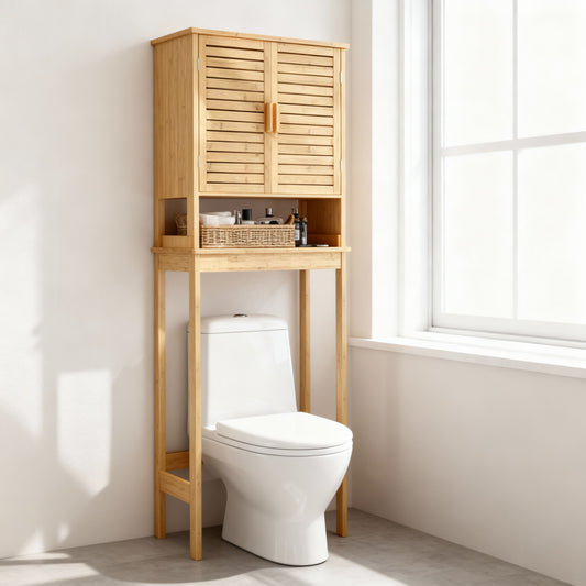 Over-The-Toilet Storage Cabinet with Built-In Charging Station, Adjustable Shelf and Bottom Stabilizer, 3-Tier Bathroom Rack with Doors and Open Shelf, Natural Beige