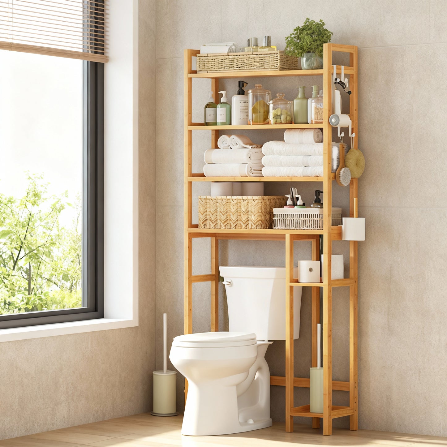 4-Tier Over-The-Toilet Bathroom Storage Organizer with Adjustable Shelves, Hooks, and Toilet Paper Holder, Space-Saving Rack, Natural Beige