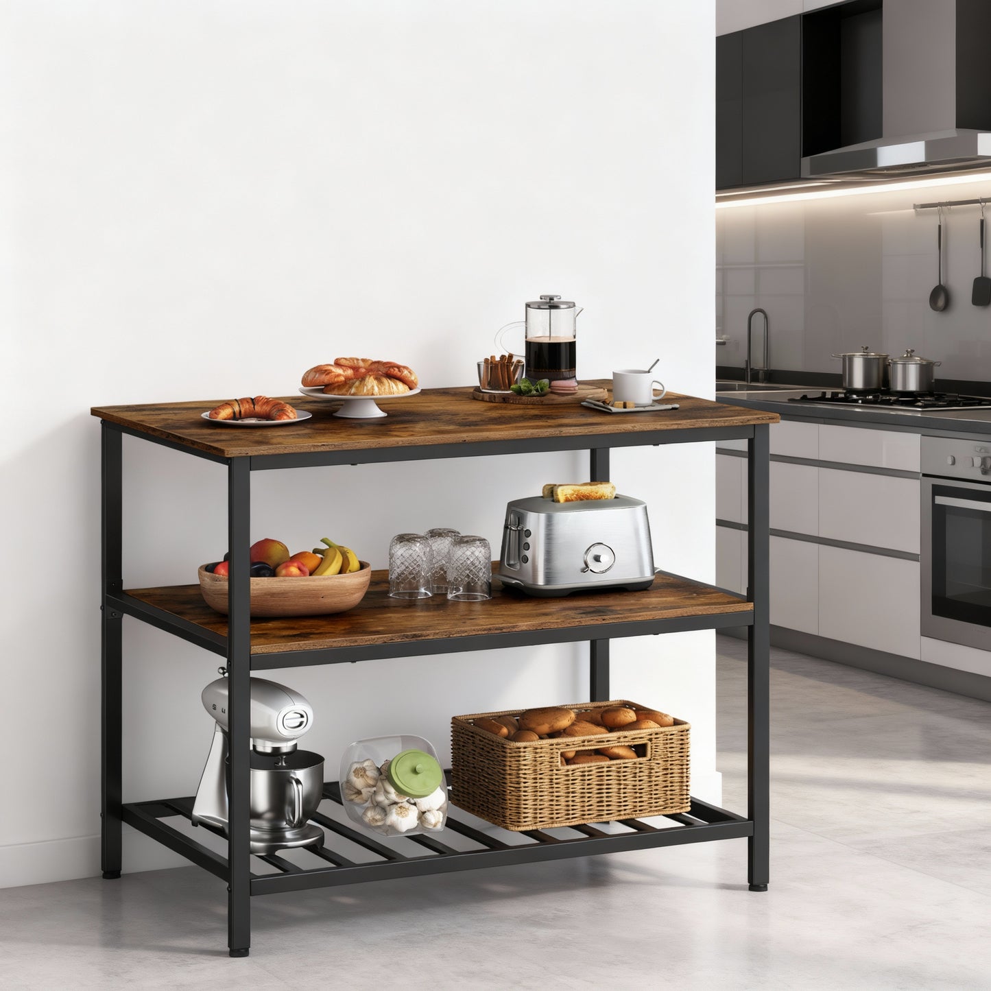 Kitchen Island with 3 Shelves, Large Worktop and Industrial Steel Frame, Multi-Purpose Kitchen Cart and Bar Table, Easy Assembly, Rustic Brown and Black