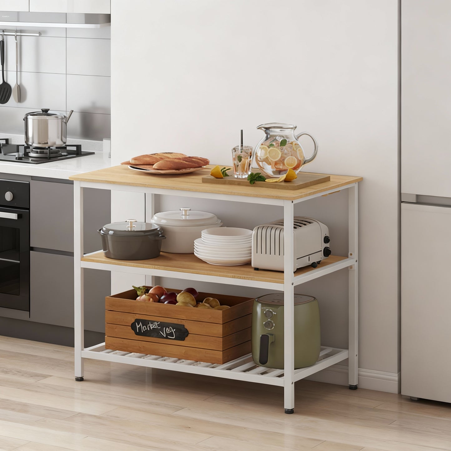 Kitchen Island with 3 Shelves, Large Worktop and Industrial Steel Frame, Multi-Purpose Kitchen Cart and Bar Table, Easy Assembly, Oak Color and White