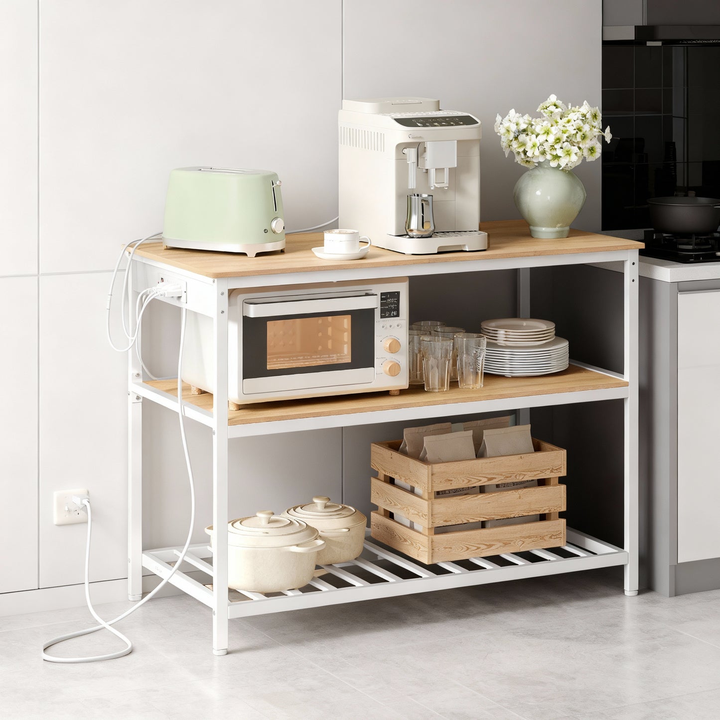 Kitchen Island with 3 Shelves, Built-In Power Strip, Large Worktop, Industrial Steel Frame, Multi-Purpose Kitchen Cart, Easy Assembly, Oak Color and White