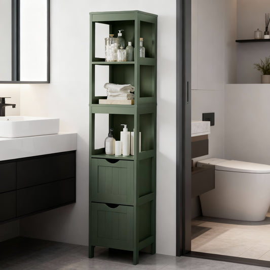 Storage Cabinet with 2 Drawers and Open Shelf, Multifunctional Freestanding Corner Storage Rack for Bathroom, Living Room, Bedroom, Forest Green