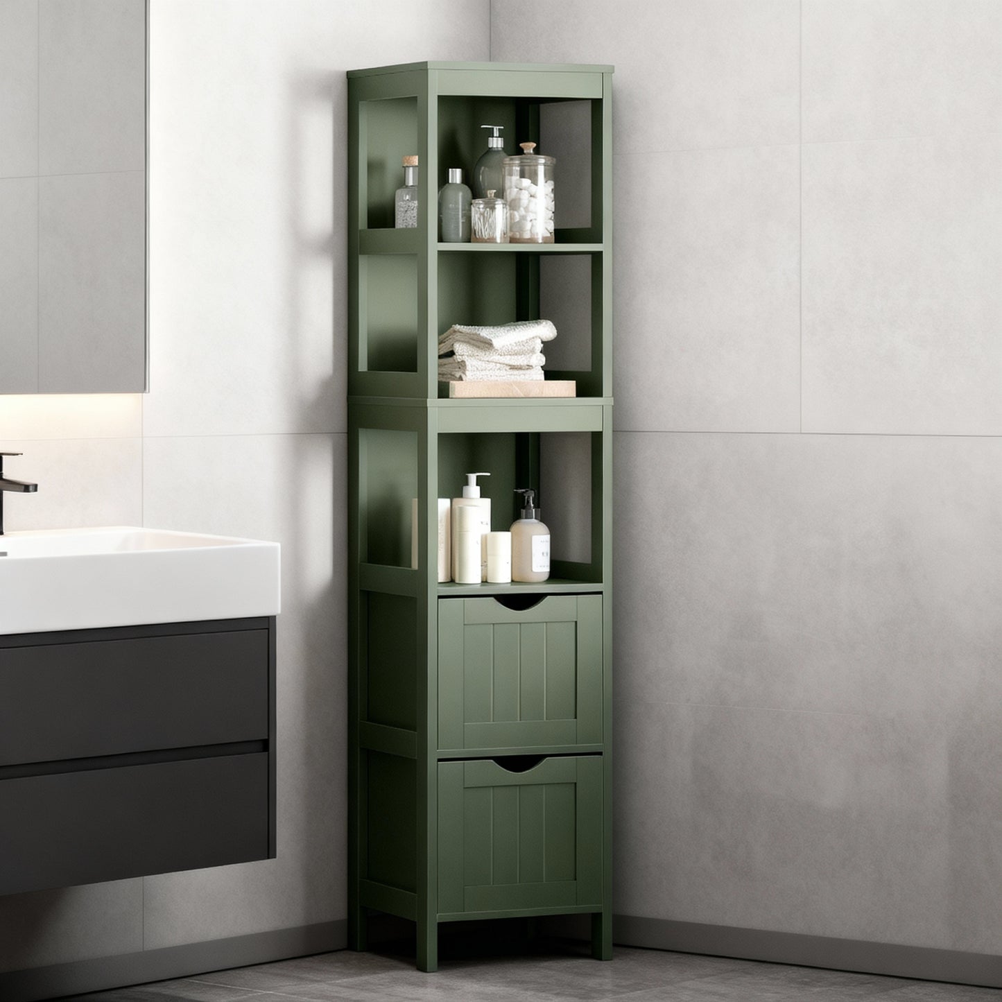 Storage Cabinet with 2 Drawers and Open Shelf, Multifunctional Freestanding Corner Storage Rack for Bathroom, Living Room, Bedroom, Forest Green