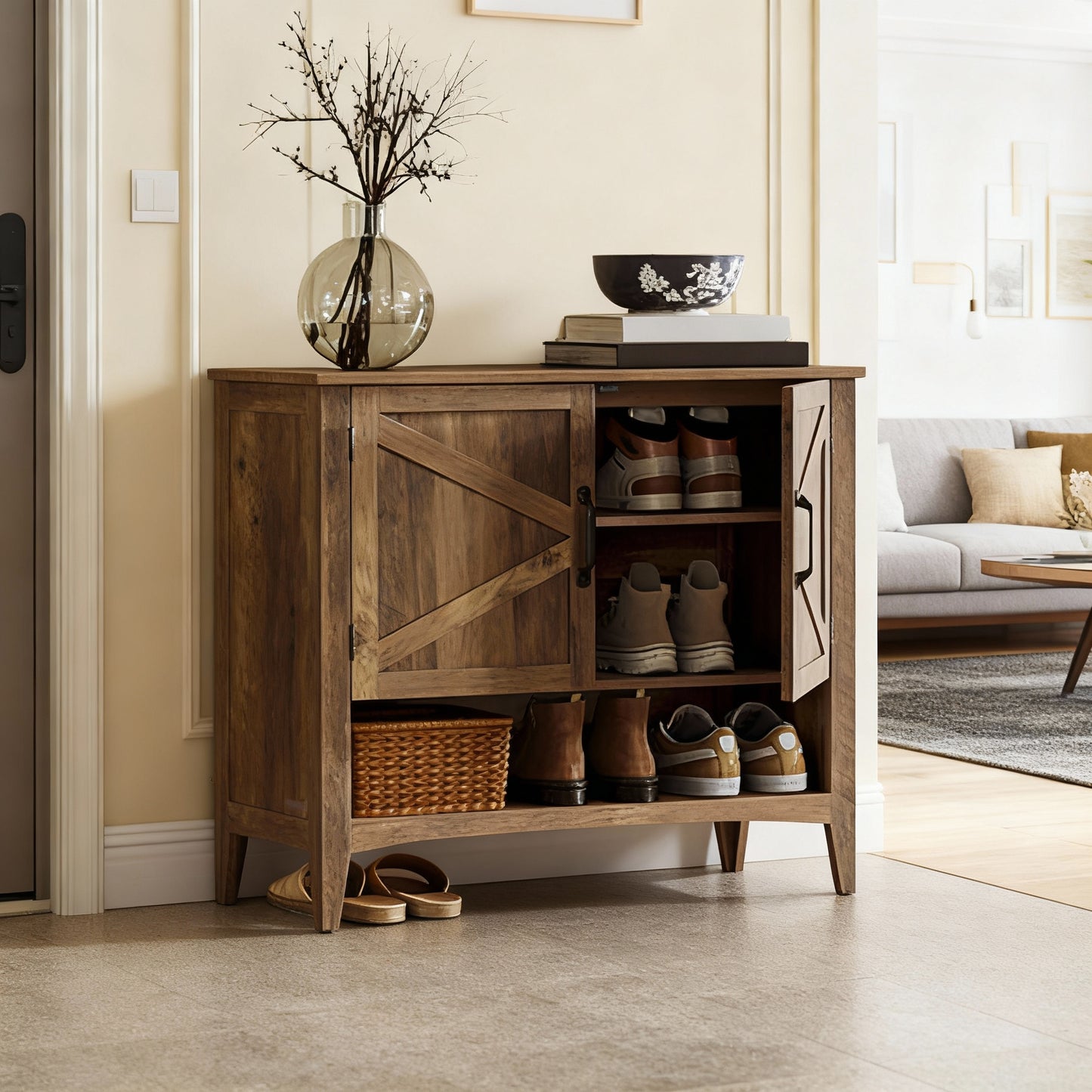 Shoe Cabinet with 3-Tier Storage, Farmhouse Freestanding Shoe Organizer, Height-Adjustable Shelf, Entryway Storage Unit, Honey Brown