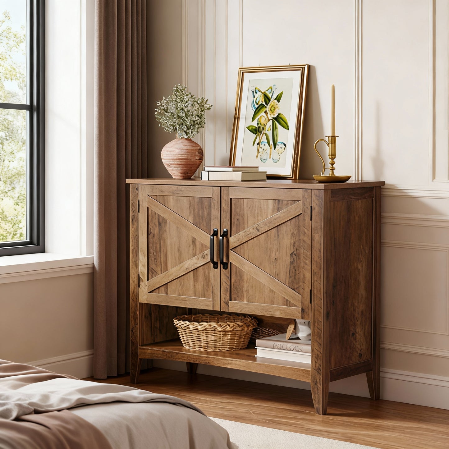 Shoe Cabinet with 3-Tier Storage, Farmhouse Freestanding Shoe Organizer, Height-Adjustable Shelf, Entryway Storage Unit, Honey Brown