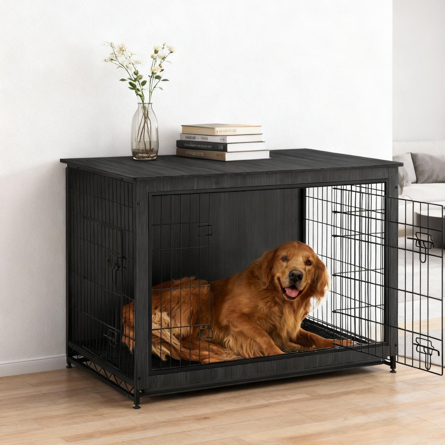 Furniture-Style Dog Crate with Double Doors, Heavy-Duty Metal Frame, Indoor End Table Design, Front & Side Access, Removable Tray, for Large Dogs up to 80 lb, Ink Black
