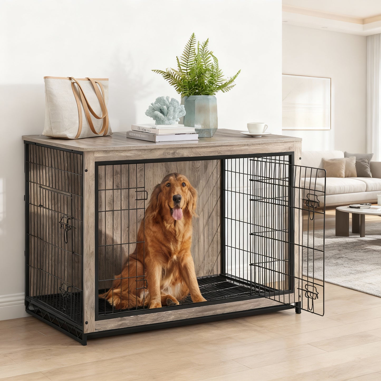Furniture-Style Dog Crate with Double Doors, Heavy-Duty Metal Frame, Indoor End Table Design, Front & Side Access, Removable Tray, for Large Dogs up to 80 lb, Greige