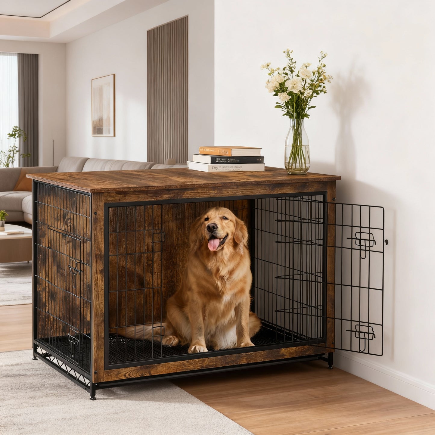 Furniture-Style Dog Crate with Double Doors, Heavy-Duty Metal Frame, Indoor End Table Design, Front & Side Access, Removable Tray, for Large Dogs up to 80 lb, Rustic Brown