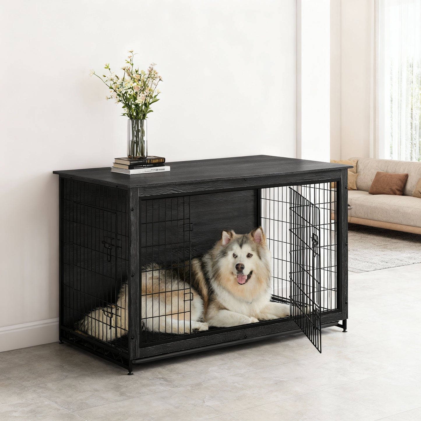 Extra-Large Furniture Style Dog Crate with Double Doors, Heavy-Duty Metal Frame, Indoor Display Table Design, Removable Tray, for Giant Dogs up to 105 lb, Ink Black