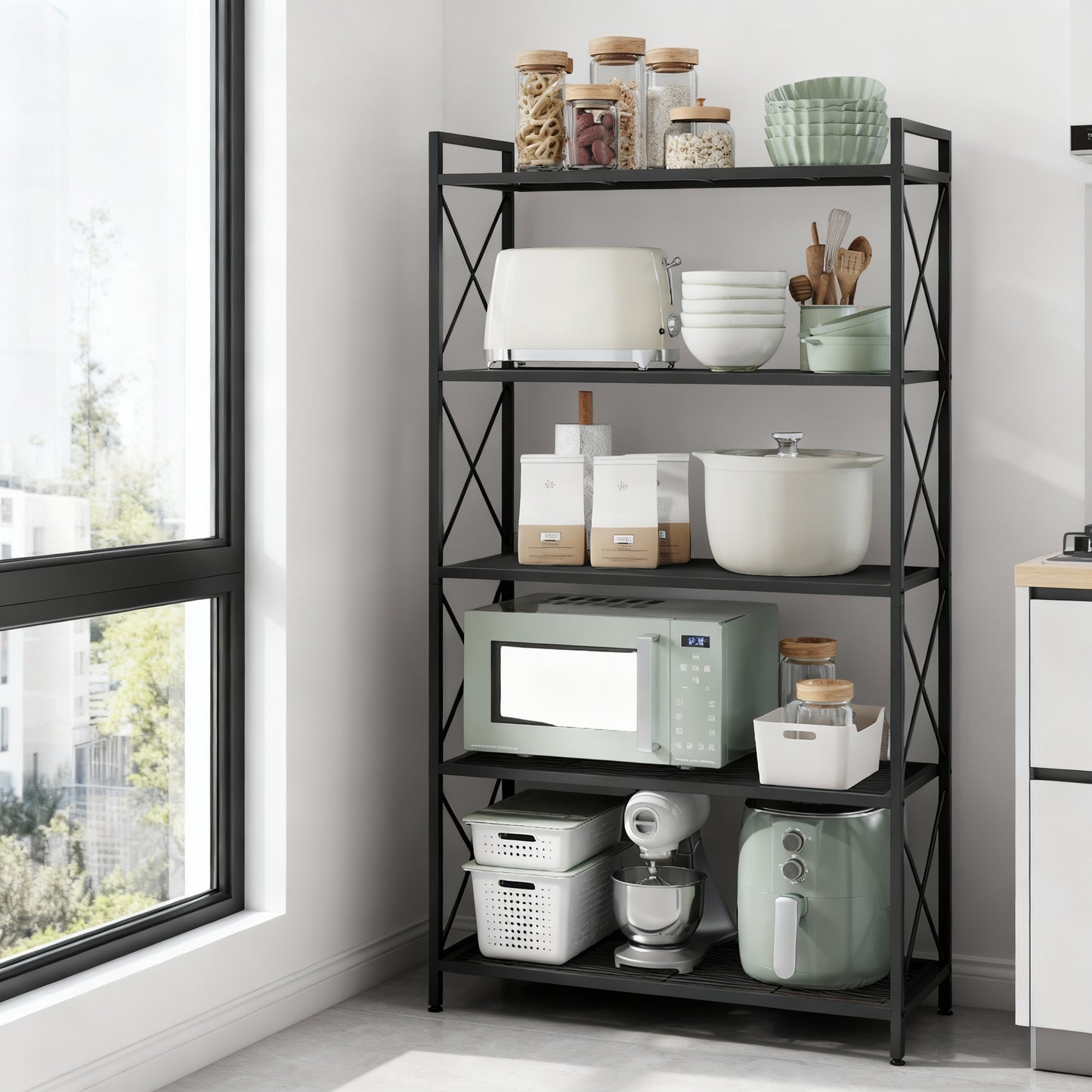 5-Tier Metal Storage Rack with X-Frame Sides, Heavy-Duty Wire Shelving Unit, Deep Organizer for Entryway Kitchen Bathroom Living Room, Industrial Ink Black