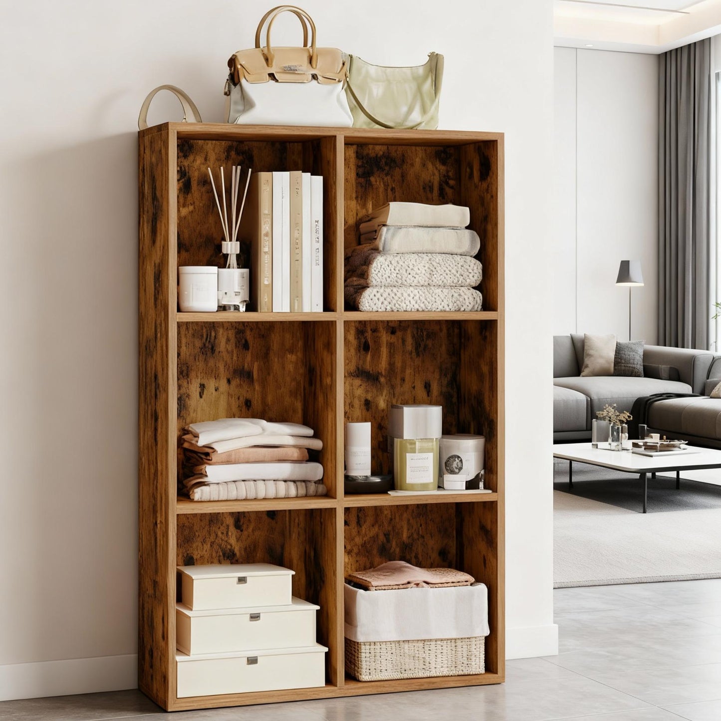 6-Compartment Cube Bookshelf with Open Storage, Multifunctional Bookcase and Display Shelf for Living Room Home Office Dining Room, Rustic Brown