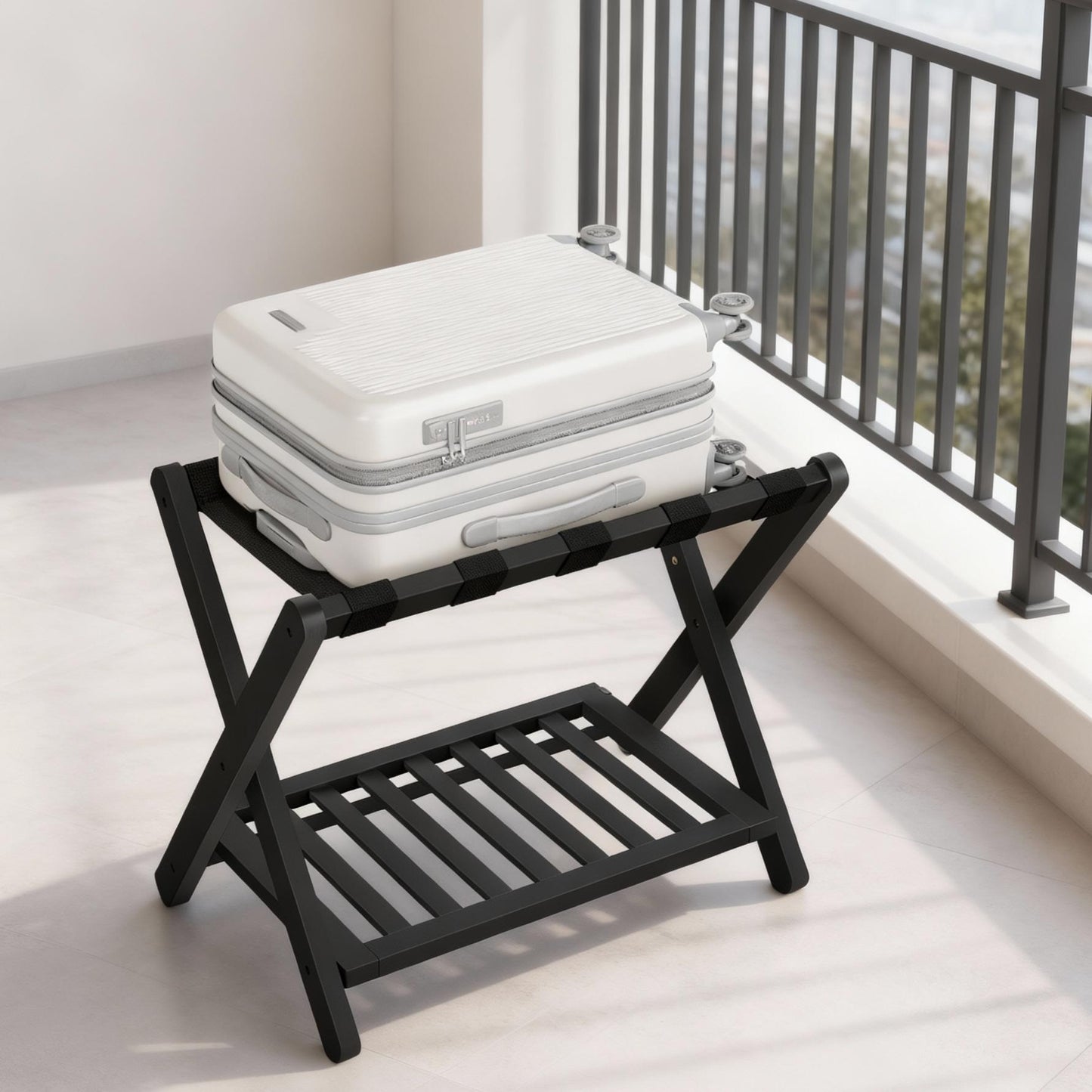 Solid Wood Luggage Rack with Foldable Design and Storage Shelf, No Assembly Required Suitcase Stand for Guest Room Hotel Bedroom, Ink Black