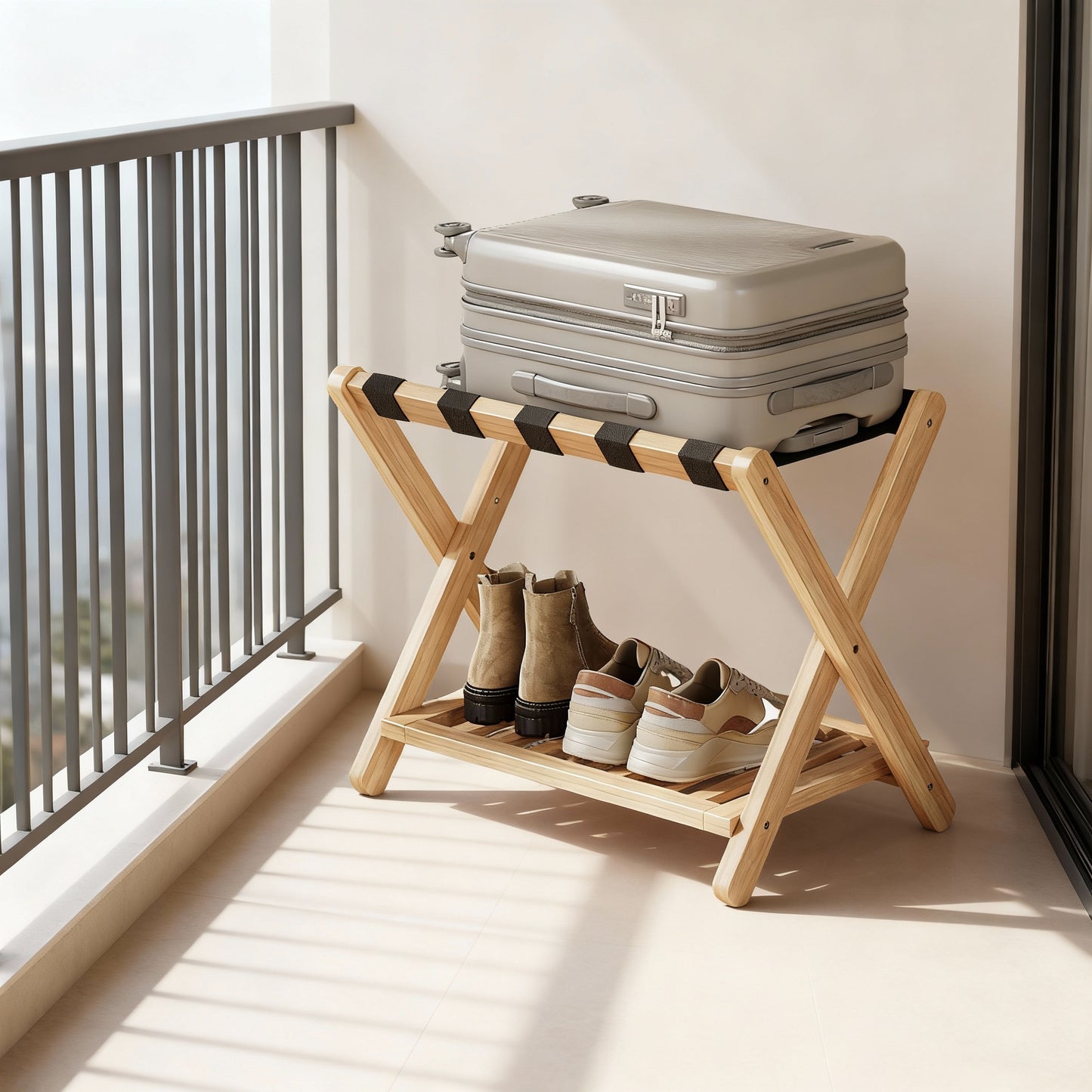 Solid Wood Luggage Rack with Foldable Design and Storage Shelf, No Assembly Required Suitcase Stand for Guest Room Hotel Bedroom, Natural Beige