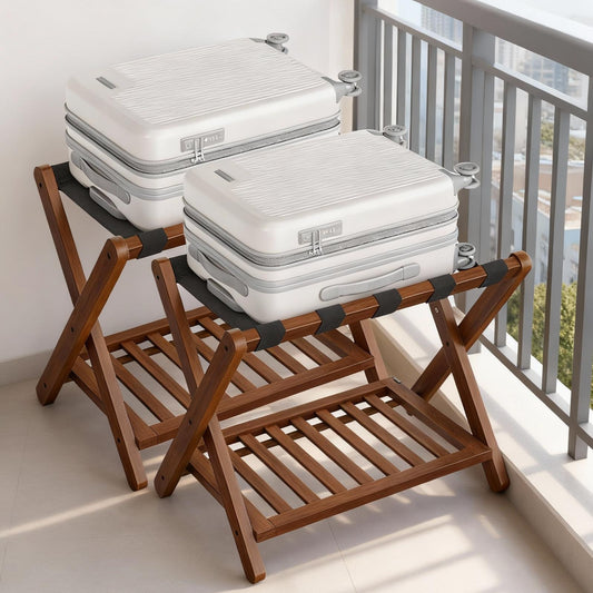 Set of 2 Solid Wood Luggage Racks with Foldable Design and Storage Shelf, No Assembly Required Suitcase Stand for Guest Room Hotel Bedroom, Coffee Brown