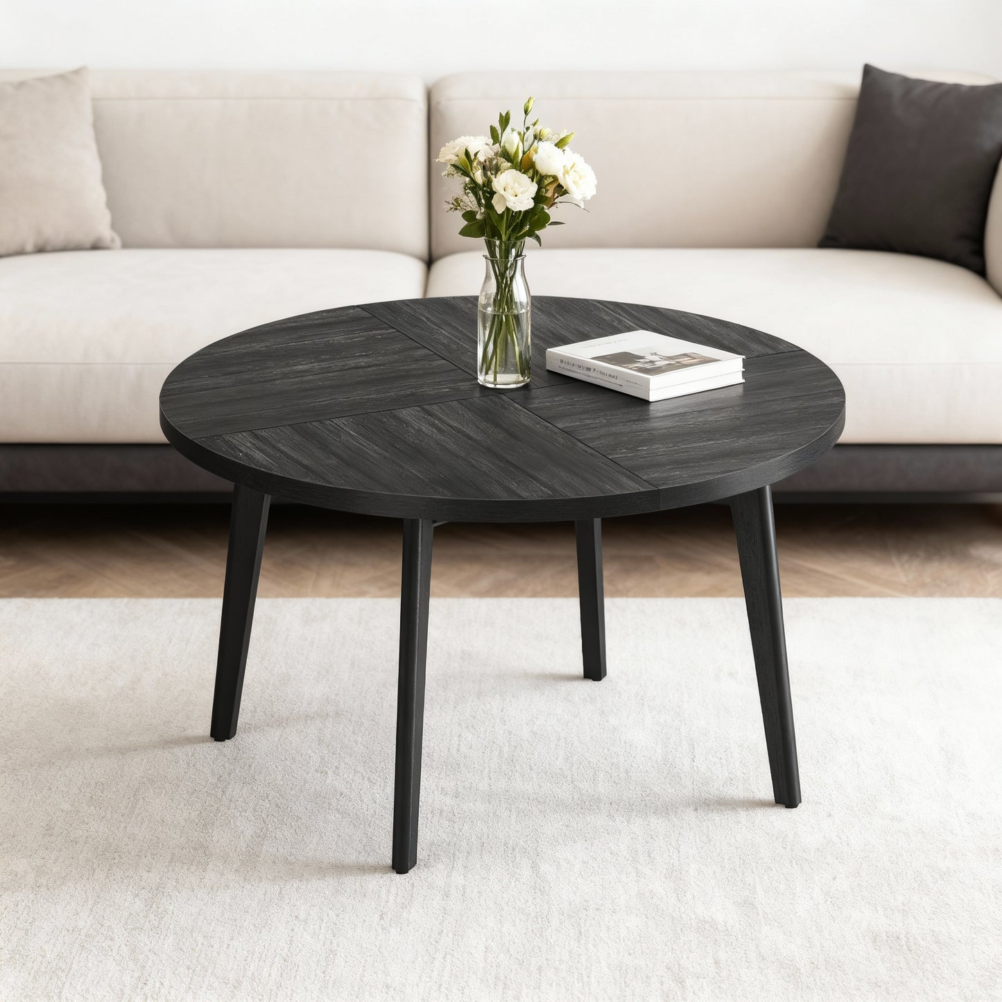 LEDREM Round Dining Table for 4–6 People, 47.2-Inch Kitchen Table with Tapered Solid Wood Legs, Mid-Century Modern Style, Heat-Resistant Top, Charcoal Gray