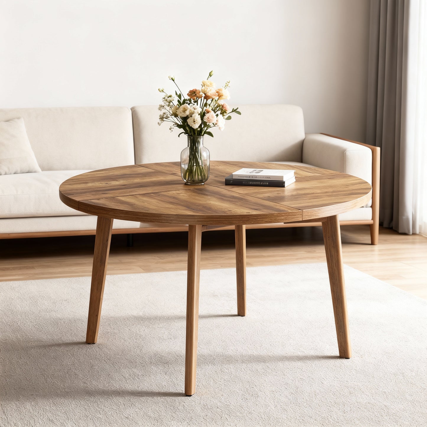 LEDREM Round Dining Table for 4–6 People, 47.2-Inch Kitchen Table with Tapered Solid Wood Legs, Mid-Century Modern Style, Heat-Resistant Top, Honey Brown