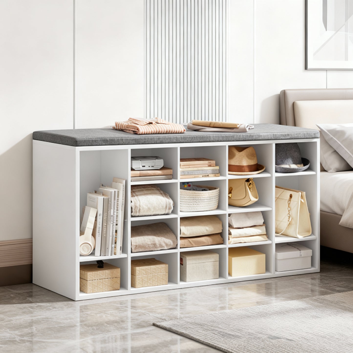 LEDREM Shoe Storage Bench with Padded Seat, Entryway Bench with 20 Open Compartments, Sturdy Shoe Organizer for Bedroom or Hallway, 47.2 Inches, Cloud White and Dove Gray