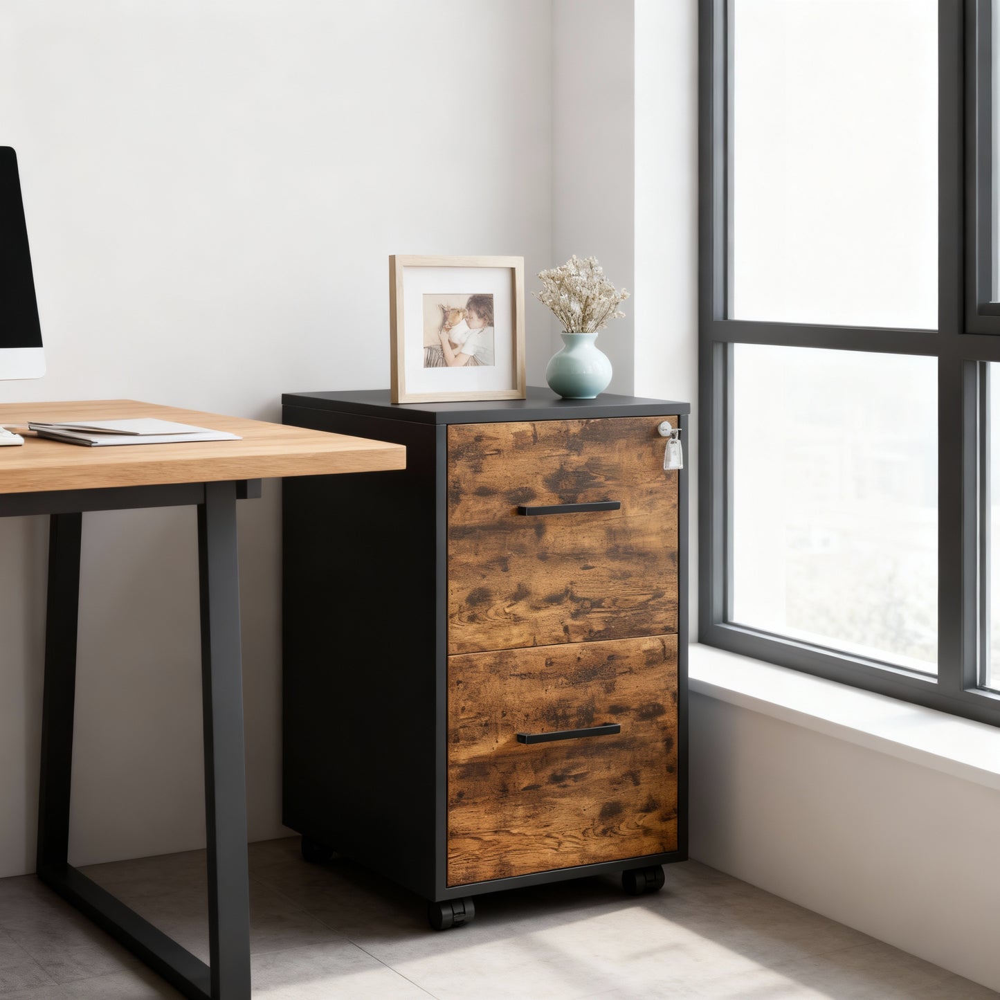 LEDREM File Cabinet with Lock, Pre-Assembled Office Filing Cabinet, 2 Drawers for A4/Legal/Letter Documents, 17.7 x 14.4 x 25.4 Inches, Rustic Brown and Black